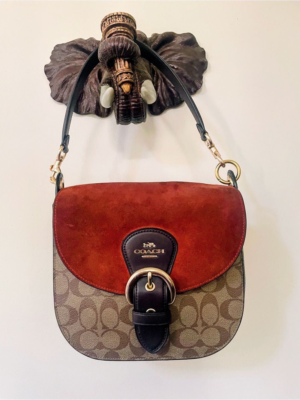 Coach Signature Canvas Saddle Bag with Rust Suede Flap